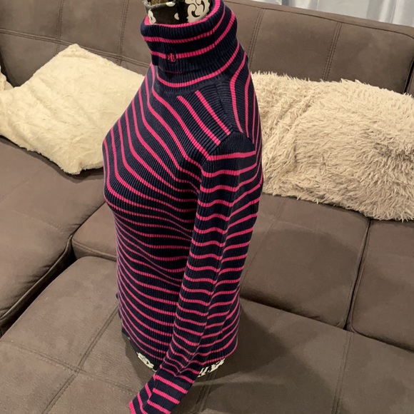 LAUREN RALPH LAUREN Fuchsia & Navy Blue Striped Turtleneck Sweater Size Medium - Picture 3 of 6